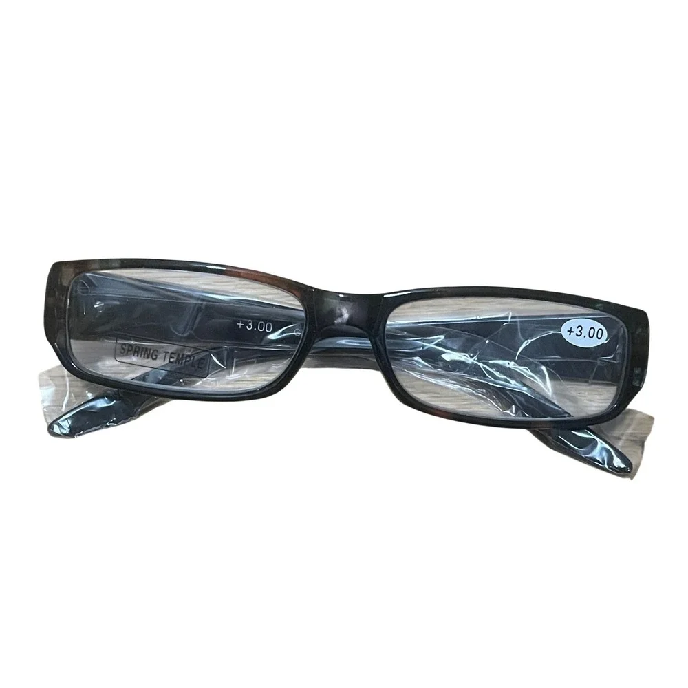 Womens Rectangular Reading Glasses +3.00 Dark Tortoise Spring Temple Frames